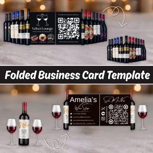 May include: A folded business card template featuring wine-themed branding. The design includes a QR code, the text Velvet Lounge Premium Drinks & Experience, Amelia's Wine Shop, contact details, and social media icons, displayed alongside wine bottles.