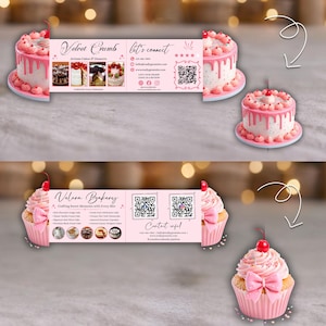 May include: Pink business cards with cake and cupcake illustrations. The cards feature the text "Velvet Crumb" and "Velora Bakery", along with contact information and QR codes. The cards also showcase images of cakes and cupcakes.