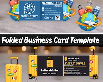 Travel Themed Business Card Template, Editable Folded Buisness Card Design For Travel Agent, Printable Trendy Business Card,Canva QR Code