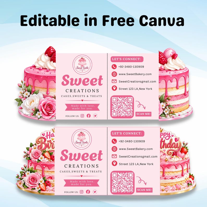 Bakery Business Card, Folded Cake Shop Card, QR Code Card, Pink Bakery ...