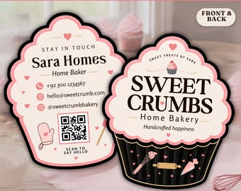 May include: Two cupcake-shaped business cards with a pink and black colour scheme. The front displays the text Sweet Crumbs Home Bakery, a cupcake icon, and baking tools. The back features contact details for Sara Homes, a QR code, and a mitten icon.