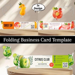 May include: A folding business card template set featuring three distinct designs for mobile bartenders. Each card displays a cocktail illustration, contact information, a QR code, and the business names Sunset Sip, Island Pour, and Citrus Club.