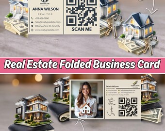 Realtor Business Card Template, Folded Real Estate QR Code Card, Editable Canva Agent Marketing & Branding Design