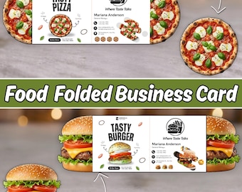 Unique Folded Food Business Card Template | Pizza and Burger Pop-Up Canva Editable Design | DIY Die-Cut Printable QR Code | Digital Product