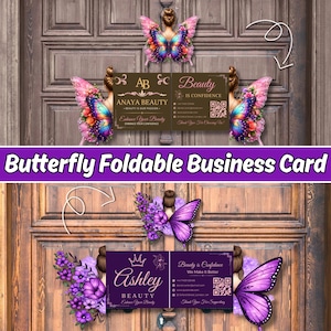 May include: A foldable business card featuring butterfly wings and floral accents. The top design is brown with gold text reading Anaya Beauty and Beauty is Confidence. The bottom design is purple with white text reading Ashley Beauty.