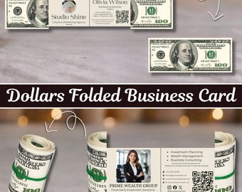 Plantilla editable de tarjeta de presentación de negocios financieros en Canva, tarjeta de presentación de lujo con billete de dólar, tarjeta con código QR para asesor financiero (descarga digital imprimible)
