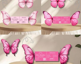 Plantilla editable de tarjeta de presentación de mariposa en Canva, tarjeta de presentación de belleza plegable, tarjeta de salón con código QR, tarjeta de marca de lujo rosa