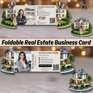 May include: Foldable real estate business card with a woman in a blazer. The card displays contact details, a QR code, and the text "Allison Stewart, Realtor." Miniature house models with landscaping are also shown.