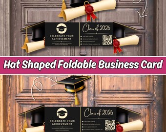 Graduation Cap Foldable Business Card Template, Editable Canva Graduation Announcement Card, Class of 2026 QR Code Design