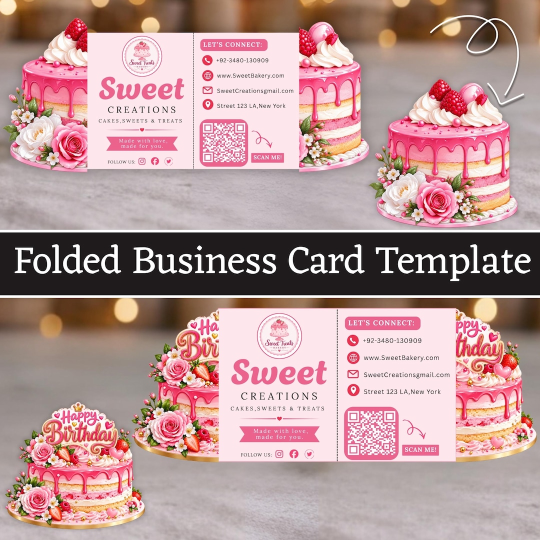 Bakery Business Card, Folded Cake Shop Card, QR Code Card, Pink Bakery ...