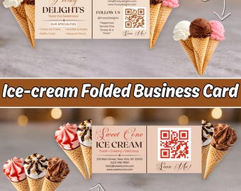 Foldable Ice Cream Business Card Template, Dessert Shop QR Code Card, Sweet Treats Food Brand Canva Editable Design