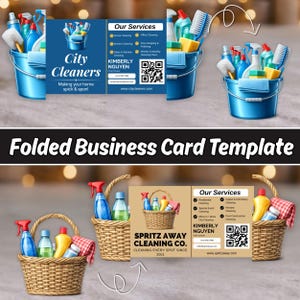 May include: A folded business card template featuring two distinct designs. One design displays a blue bucket filled with cleaning supplies and the text City Cleaners. The second design shows a woven basket with cleaning supplies and the text Spritz Away Cleaning Co. Both include service lists, contact details, and QR codes.