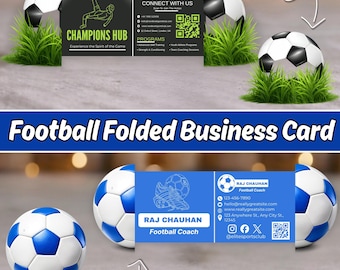 Football Business Card Template, Sports Shaped Business Card, QR Code Folded Card, Editable Canva Soccer Coach Business Card