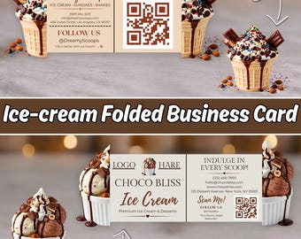 Foldable Ice Cream Business Card Template, Dessert Shop QR Code Card, Editable Canva Food Branding Design