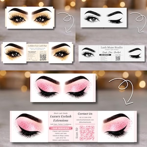 May include: Business cards with eye illustrations and long eyelashes. The cards display text for "Golden Eye Lash Bar", "Lash Muse Studio", and "Blush Lash Studio Luxury Eyelash Extensions". The cards have a pink and gold colour scheme, with various lash styles.