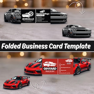 May include: A folded business card template featuring two designs. The top design is black with a grey car, the text Borcelle, and contact details for Daniel Gallego. The bottom design is red with a white car, the text Ginyard, and contact details.