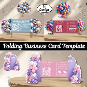 Könnte beinhalten: Eine faltbare Visitenkartenvorlage mit drei verschiedenen Designs, die mit Ballonclustern verziert sind. Die Karten enthalten Platzhalter für Namen, Titel, Kontaktinformationen, Social-Media-Profile und QR-Codes. Die Designs zeigen Farbpaletten in Blau, Gold, Pink und Lila mit Ballonbaum- und Bogenmotiven.