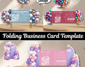 May include: A folding business card template featuring three distinct designs decorated with balloon clusters. The cards include placeholders for names, titles, contact information, social media handles, and QR codes. The designs showcase blue, gold, pink, and purple color palettes with balloon tree and arch motifs.
