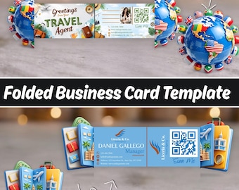 Travel Agent Business Card Template, Folded QR Code Travel Card, Editable Canva Travel Agency Card Bundle
