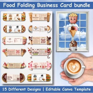 Folded Business Card Template Bundle, Shaped QR Code Card, Canva Editable Food Drink Branding Cards