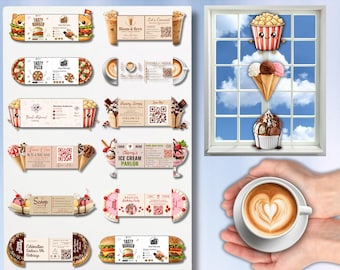Folded Business Card Template Bundle, Shaped QR Code Card, Canva Editable Food Drink Branding Cards