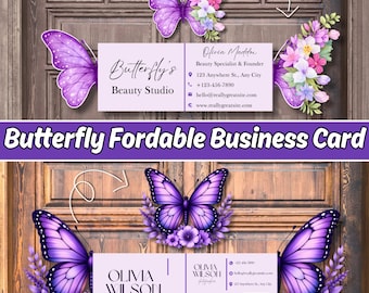Butterfly Business Card Template Canva, Folding Beauty Business Card, Purple Salon Branding Card, Printable Logo Card
