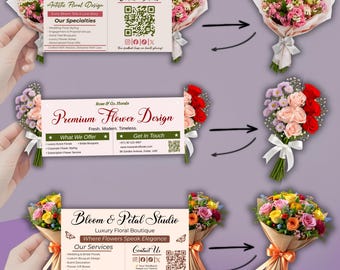 Puede incluir: Tres diseños de tarjetas de visita para negocios florales con ramos de flores rosas, rojas y multicolores. Cada tarjeta muestra el nombre de la empresa, servicios, información de contacto y un código QR, con flechas que señalan los arreglos florales.