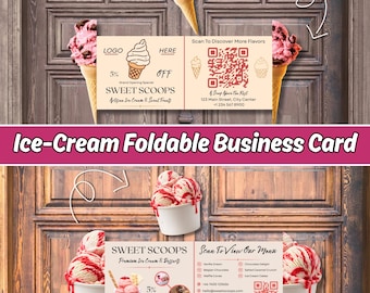 Shaped Business Card Template, Editable Ice Cream Foldable Card, QR Code Canva Branding Card for Dessert Shop