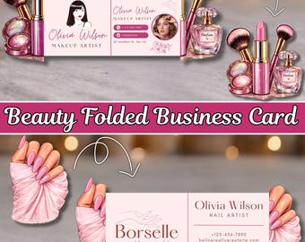 Editable Beauty Salon Business Card Canva Template, Folded Makeup Artist QR Code Card, Nail Studio Digital Download