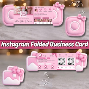 May include: Pink Instagram-themed folded business cards. The cards feature a camera design with a bow and display Instagram profiles. The text on the card reads "Scan & Stay Connected" and "Alice Glow Skincare".