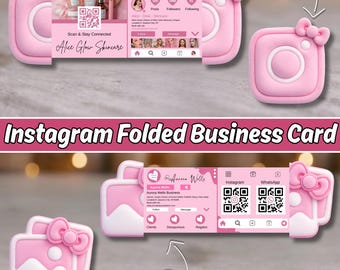 Puede incluir: Tarjetas de visita plegadas rosas con temática de Instagram. Las tarjetas presentan un diseño de cámara con un lazo y muestran perfiles de Instagram. El texto de la tarjeta dice "Scan & Stay Connected" y "Alice Glow Skincare".