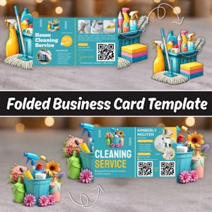 May include: A folded business card template for a house cleaning service featuring illustrations of cleaning supplies, mops, and sponges. The design includes text, QR codes, and contact information on a teal and yellow background with floral accents.