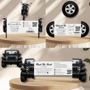 Könnte beinhalten: Ein zusammengesetztes Bild mit einem schwarzen Roller, einem Reifen mit silberner Felge und schwarzen Jeep SUVs. Jedes Element ist mit einem Banner mit Text und QR-Codes versehen, das Reise- und Mietwagenservices bewirbt.