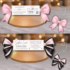 Peut inclure: Deux invitations d'anniversaire avec des nœuds roses et du texte. L'invitation du haut est pour le 4e anniversaire d'Elizabeth, et celle du bas pour le premier anniversaire de Sophie Lane. Chaque invitation comprend les détails de l'événement.