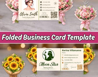 Bouquet Fold Business Card Template, Floral Business Card, Beauty Salon QR Card, Canva Editable Branding Bundle