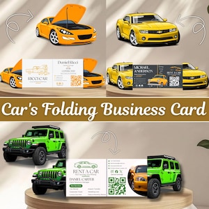 Puede incluir: Una imagen que muestra tarjetas de visita plegables con temática de coches. Las tarjetas presentan ilustraciones de coches deportivos amarillos y naranjas, y todoterrenos verdes. El texto de las tarjetas incluye nombres de empresas, datos de contacto y códigos QR. También se muestra la frase "Car's Folding Business Card".