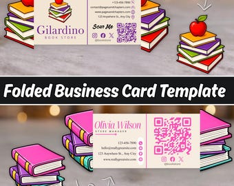 Editable Book Foldable Business Card Template, QR Code Bookstore Card, Printable Canva Bookshop Digital Download