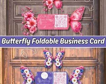 Butterfly Shaped Business Card Template, Floral Foldable QR Code Card, Beauty Studio Canva Branding Design Download