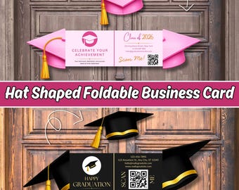 Graduation Cap Invitation Template, Editable Folding Grad Party QR Card, Class of 2026 Printable Canva Download