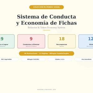 Puede incluir: Una guía visual titulada "Sistema de Conducta y Economía de Fichas" con la traducción al inglés "Behavior & Token Economy System". Presenta cuadros de colores con los números 19, 9, 18 y 128, y texto en español e inglés.