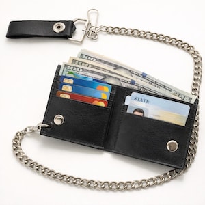 Black Genuine Leather Trifold Biker S Wallet Id Card Holder W Chain Skull