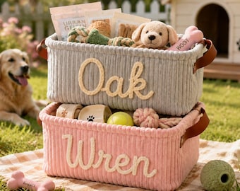 Personalized Corduroy Pet Toy Basket with Name, Pet Storage Bin for Toys Treats Accessories, Puppy Accessories, Pet Gift Basket, Puppy Gift