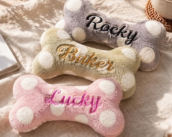 Embroidered Name Dog Bone Toy, Custom Polka Dot Plush Puppy Toy, Personalized Pet Birthday Keepsake Gift, Comfort Companion Gift for Dogs