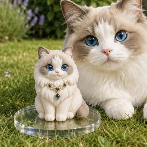 May include: A small, cream and grey cat figurine with blue eyes, wearing a gold-toned necklace with blue and white stones, sits on a clear circular base next to a fluffy, long-haired cat with similar coloring and bright blue eyes.