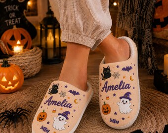 Personalized Halloween Slippers, Custom Pumpkin Slipper with Name, Cozy Fall House Shoes, Family Halloween Slippers, Halloween Gift