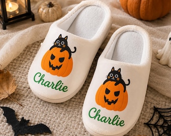 Custom Halloween Slippers, Personalized Pumpkin Ghost Slipper, Cozy Fall House Shoes, Unisex Family Slippers, Thanksgiving Gift, Fall Gift