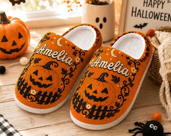Personalized Halloween Slippers, Custom Ghost Pumpkin Slipper, Cozy Fall House Shoes, Unisex Family Slippers, Halloween Gift, Party Favors