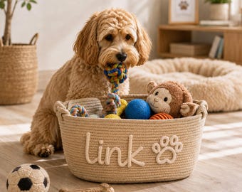 Handwoven Custom Name Pet Storage Basket, Personalized Cotton Rope Dog & Cat Bin, Pet Parents Gift, Custom Pet Organizer, Pet Gift Basket