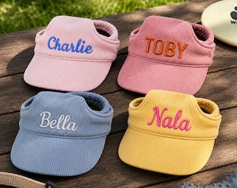 Personalized Corduroy Dog Hat With Ear Holes, Custom Embroidered Pet Baseball Cap, Dog Sun Visor for Small Medium Large Dogs, Puppy Gift