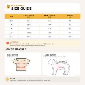 May include: A dog apparel size guide chart featuring a table with columns for size, chest girth in inches, back length in inches, and weight in grams. It includes instructions on how to measure for 2-leg and 4-leg outfits with diagrams.